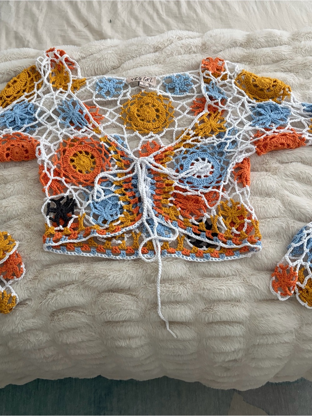 Crochet Tie-Front Crop Top in White, Mustard, Blue & Orange